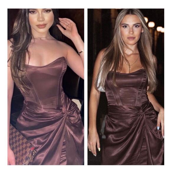 Zara Brown TopStitch Strapless Satin Draped Mini Dress Size Large Corset Bustier - Picture 7 of 15